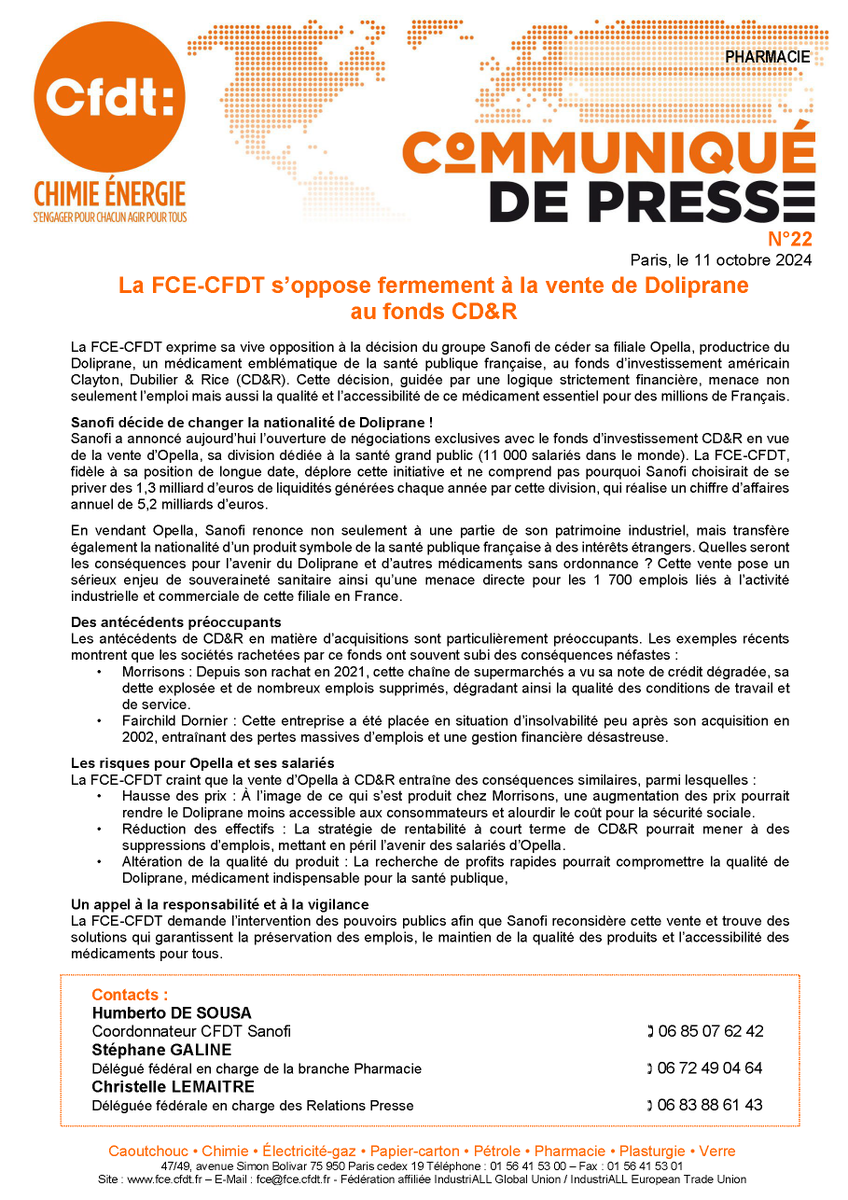 La FCE-CFDT s’oppose fermement à la vente de Doliprane au fonds CD&amp;R fce.cfdt.fr/la-fce-cfdt-so…  @cfdt  <a href="/CfdtElles/">Cfdt’Elles</a> <a href="/fcegroupejeunes/">fcegroupejeunes</a> #sanofi #opella #emploi #doliprane #souvraineté