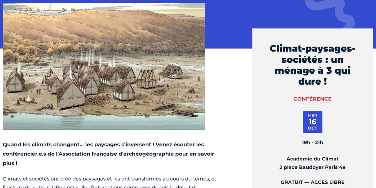 📢Venez écoutez Laure Fontana et Christophe Petit de <a href="/ArcheoEnv7041/">ArScAn Archeologies Environnementales</a> parler des conséquences des évolutions climatiques et environnementales sur les sociétés anciennes lors du cycle de conférences proposé par <a href="/assoAFAG/">Association Française d'ArchéoGéographie (AFAG)</a> à <a href="/AcademieClimat/">Académie du Climat</a> à Paris ! Mercredi 16/10 à 19h, entrée libre