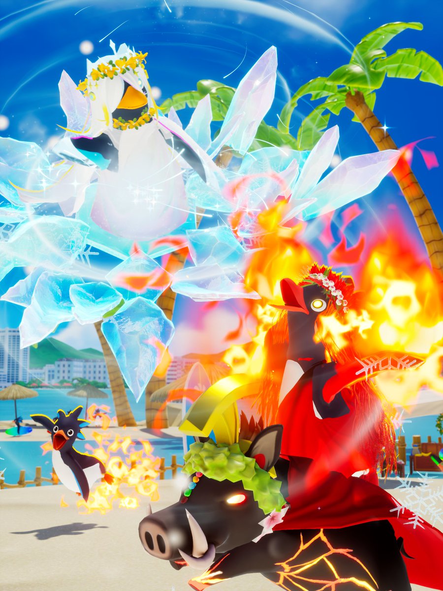 暑い！🔥　寒い！？❄
「火山の女神ペレ」と「雪の女神ポリアフ」が力比べをしています。

ペンギンたち！逃げて！🐧

#ペンギンバケーーーション #PenguinVacaaation