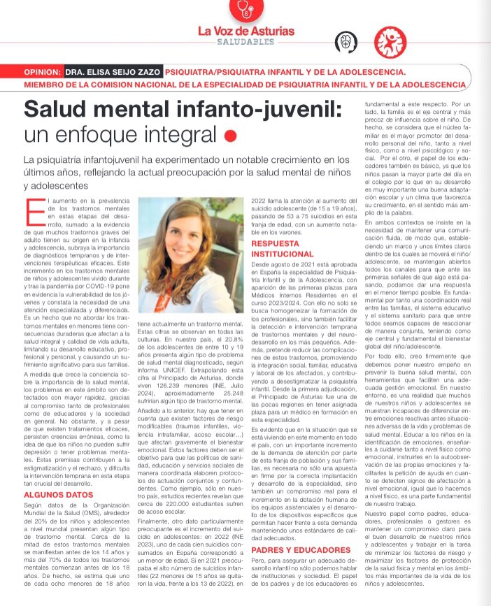 Os compartimos este interesante artículo de nuestra compañera y ex presidenta de la SAP, la Dra. Elisa Seijo, en la revista “SALUDABLES” de <a href="/lavozdeasturias/">La Voz de Asturias</a> acerca del estado actual de la Salud Mental Infanto-Juvenil

lavozdeasturias.es/publicaciones/…