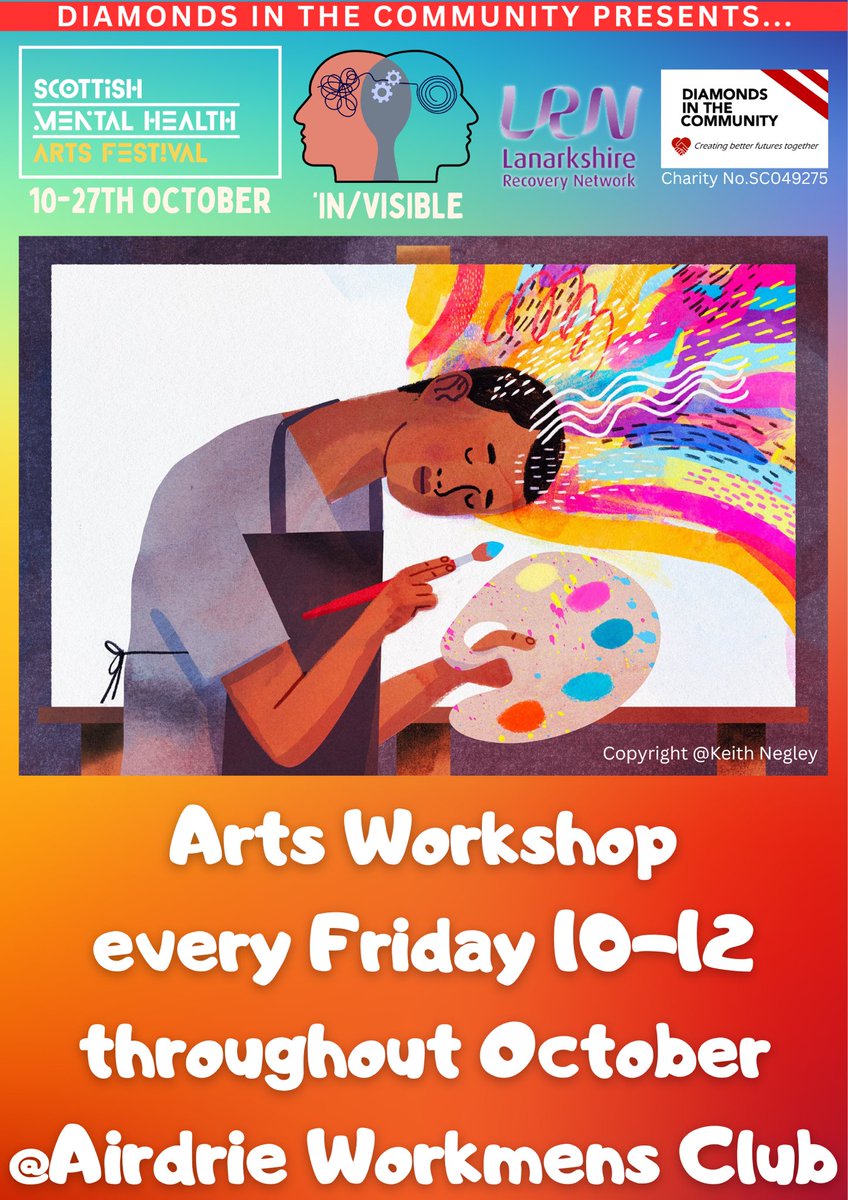 Diamonds in the Community (@ditcommunity1) on Twitter photo For the next three weeks our Art Group will be exploring the <a href="/MH_arts/">Scottish Mental Health Arts Festival</a> In/Visible theme.
Every Friday 10-12 at Airdrie Workmens Club
Full details here➡️ facebook.com/share/rmmodt5B… For the next three weeks our Art Group will be exploring the <a href="/MH_arts/">Scottish Mental Health Arts Festival</a> In/Visible theme.
Every Friday 10-12 at Airdrie Workmens Club
Full details here➡️ facebook.com/share/rmmodt5B…