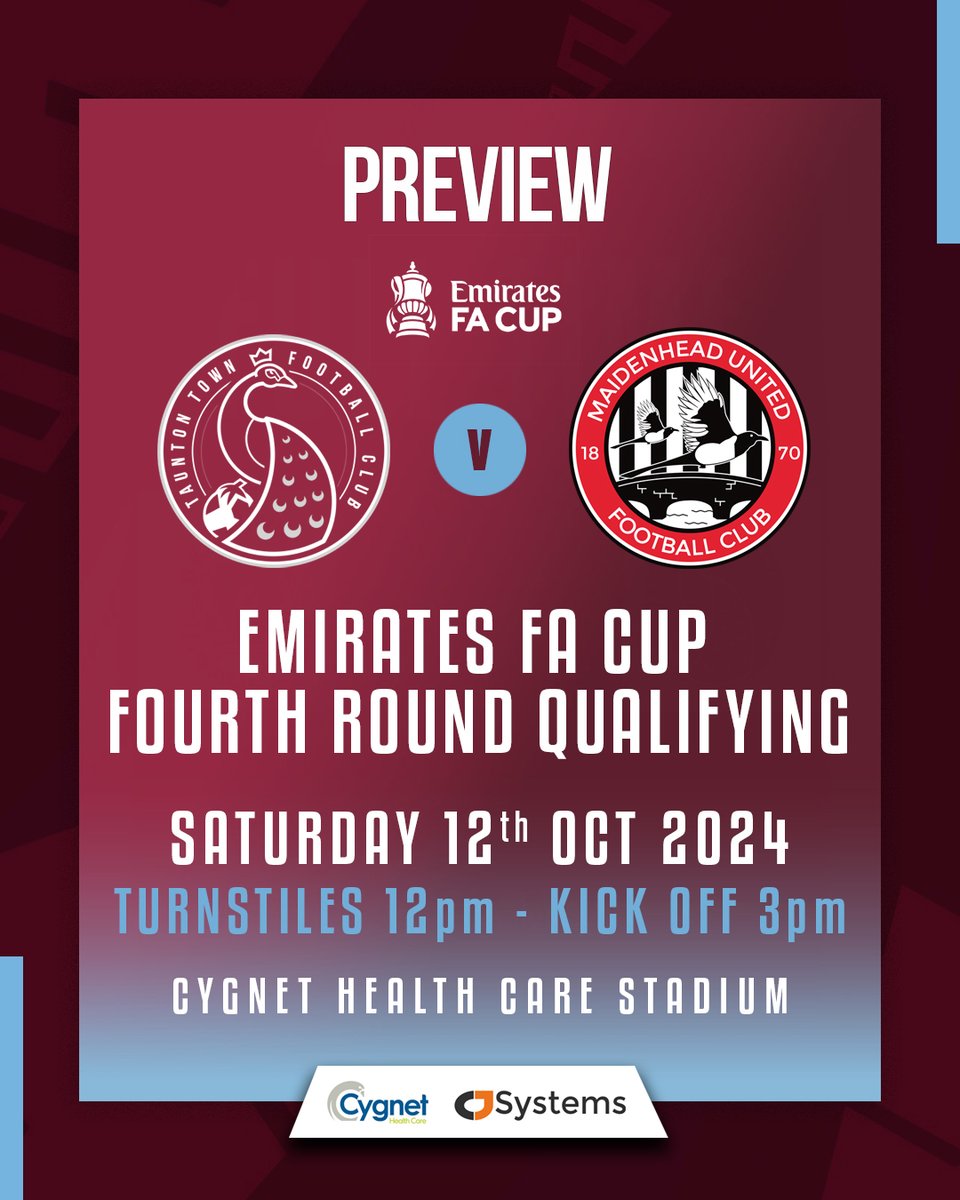 Taunton Town FC (@tauntontownfc) on Twitter photo MATCH PREVIEW
🏆 Emirates FA Cup Fourth Round Qualifying
📄 ttfc.uk/maidenhead-h-p…
🗓️ Sat 12th October⌚️3pm
🆚 <a href="/MUFCYorkRoad/">Maidenhead United</a>
🏟️ The Cygnet Health Care Stadium
🎟️ Online ttfc.uk/tickets or pay on the turnstiles
#RoadtoWembley #EmiratesFACup
#UpThePeacocks 🦚 MATCH PREVIEW
🏆 Emirates FA Cup Fourth Round Qualifying
📄 ttfc.uk/maidenhead-h-p…
🗓️ Sat 12th October⌚️3pm
🆚 <a href="/MUFCYorkRoad/">Maidenhead United</a>
🏟️ The Cygnet Health Care Stadium
🎟️ Online ttfc.uk/tickets or pay on the turnstiles
#RoadtoWembley #EmiratesFACup
#UpThePeacocks 🦚
