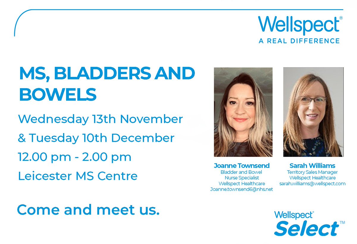Join our bladder and bowel nurse specialist, Joanne Townsend along with territory sales manager Sarah Williams for upcoming drop-in sessions at Leicester MS Therapy Centre where they will be available to answer all of your questions on MS, Bladders &amp; Bowels.

#MS #Bladder #Bowel