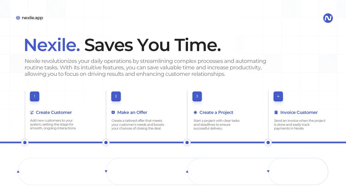 nexileapp's tweet photo. ⏳ Nexile Saves You Time by automating tasks and boosting productivity.

- Add Customers smoothly
- Make Offers that close deals
- Manage Projects with ease
- Send Invoices quickly

🌐 Streamline your operations at https://t.co/jvMd4QCa76. 

#Automation #Efficiency #TimeSaving https://t.co/wd4BF0E9mu