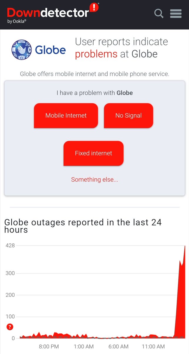 Globe (Telecom) is down. There's currently no mobile internet service in both Post-paid and Pre-paid mobile accounts. Posting this via workplace WiFi.