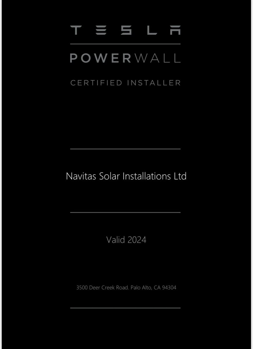 NavitasSolar's tweet photo. We're thrilled to announce that Navitas Solar Installations Ltd has renewed its accreditation with Tesla. Experience the benefits of energy independence and significant savings with our innovative #Powerwall3 #batterystorage #hybridinverter #energysaving solutions. https://t.co/KiC2VRjIpK