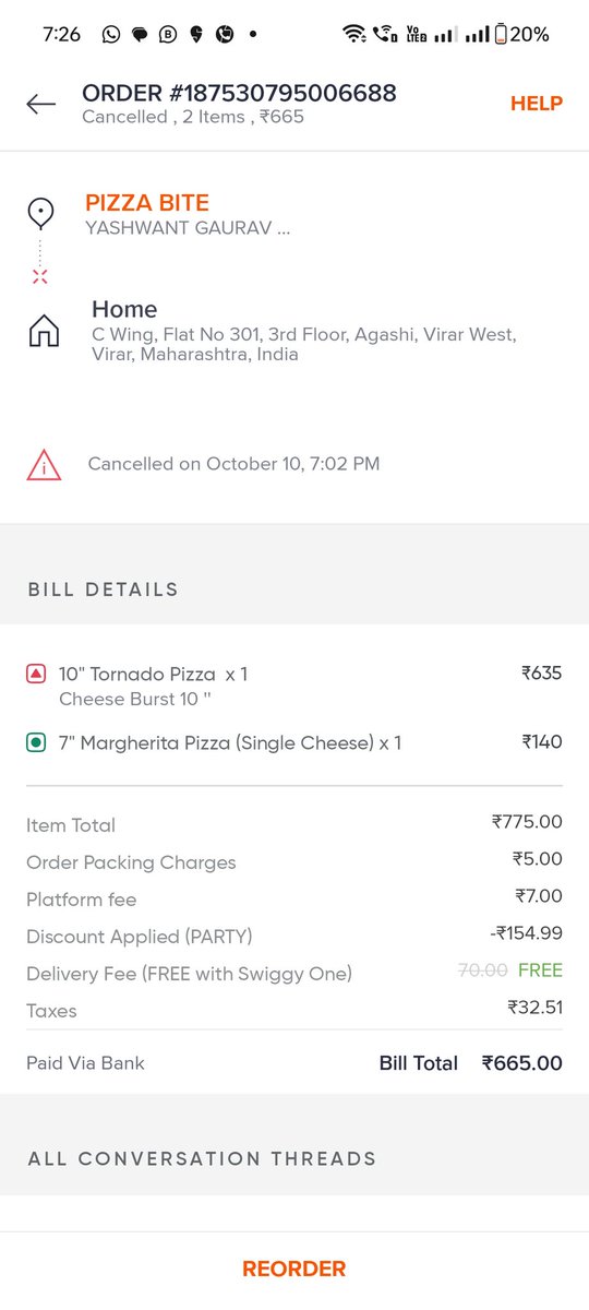 SteevenFernan11's tweet photo. Hello @SwiggyCares @Swiggy @harshamjty  this is to inform you that I had placed an order yesterday from Swiggy at 5.23 pm from a pizza restaurant and since the order was picked up as per the time it showed me it would get delivered in 15 mins, idk what happened and the delivery https://t.co/DHHDimTpHp