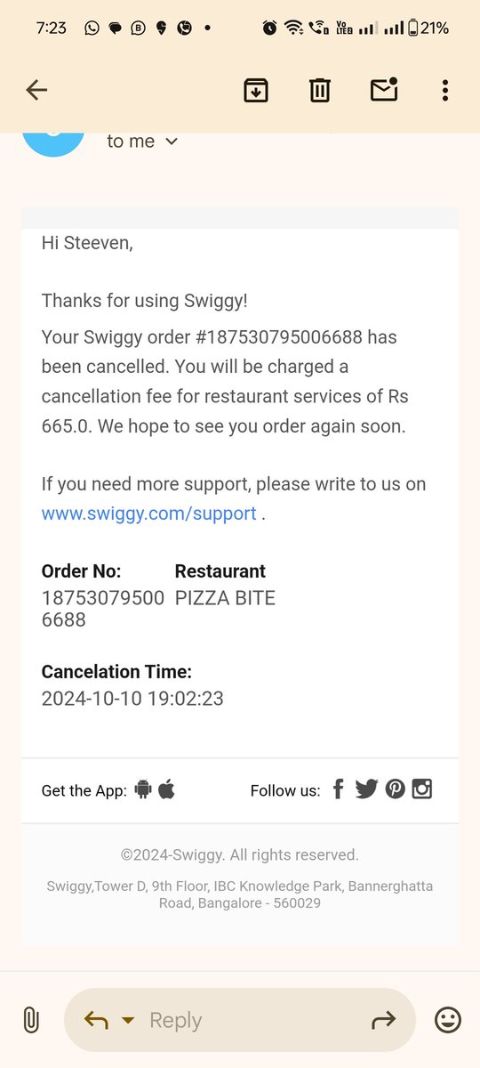 SteevenFernan11's tweet photo. Hello @SwiggyCares @Swiggy @harshamjty  this is to inform you that I had placed an order yesterday from Swiggy at 5.23 pm from a pizza restaurant and since the order was picked up as per the time it showed me it would get delivered in 15 mins, idk what happened and the delivery https://t.co/DHHDimTpHp