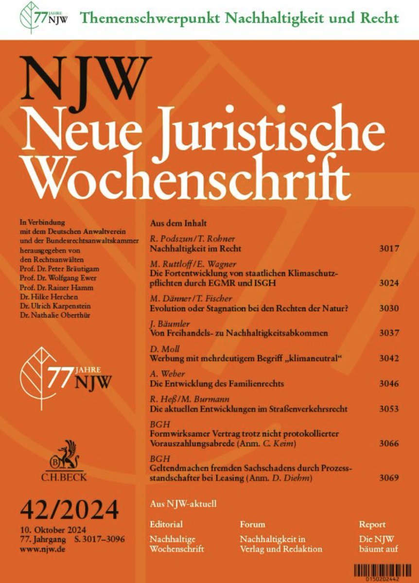 In der neuen NJW - <a href="/trrohn/">Tristan Rohner</a>  &amp; ich über #sustainability 🌱 &amp; Recht: „Nachhaltigkeit verlangt, das Recht nach vorne zu denken und dabei Markt und Gemeinwohl zu versöhnen. Welch eine Chance!“ 🧗‍♂️ Daher haben wir auch gleich ein #Lehrbuch dazu geschrieben!

beck-shop.de/podszun-rohner…