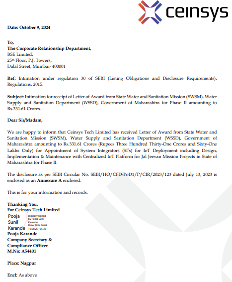 jagdish_patil43's tweet image. #OrderBook Update

#CeinsysTech bags a ₹331.61 cr contract from #SWSM, #Maharashtra, for #IoT deployment under #JalJeevan Mission Phase II🏗️
Project to be implemented in 2 yrs with 5 yrs O&amp;amp;M

#Deal #SEBI #Bitcoin #btc #News #Binance #Israel #Liberty #Seattle #Trump #SUPERTUNA