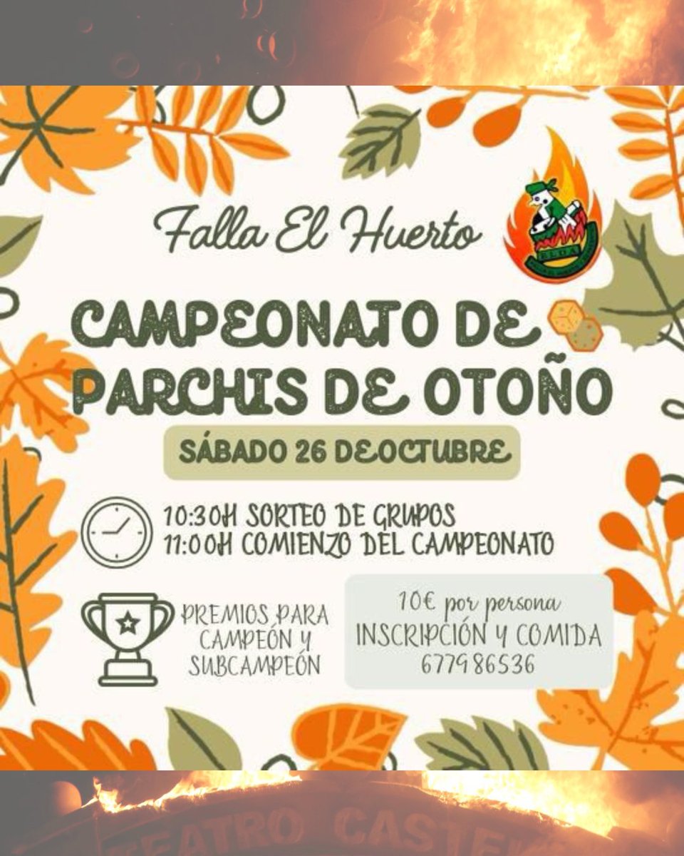 ACTIVIDADES COMISIONES
🍻 FIESTA OKTOBERFEST Sábado 12 de Octubre desde 19h jardines Falla Ronda San Pascual
🎲 CAMPEONATO DE PARCHIS Sábado 26 de Octubre 677986536 Falla El Huerto
#EldaenFallas #madeinelda #FallasElda #JuntsMolemMes #FallesUNESCO #SomPatrimoni #ViveLaFiesta