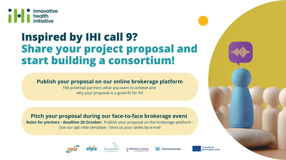 Innovative Health Initiative (@ihieurope) on Twitter photo ๐ก Looking for partners for a potential call 9 project? To pitch at our F2F ๐ฏ๐ฟ๐ผ๐ธ๐ฒ๐ฟ๐ฎ๐ด๐ฒ ๐ฒ๐๐ฒ๐ป๐ ๐ผ๐ป ๐ญ๐ฎ-๐ญ๐ฏ ๐ก๐ผ๐, ๐ฝ๐๐ฏ๐น๐ถ๐๐ต ๐๐ผ๐๐ฟ ๐ฝ๐ฟ๐ผ๐ฝ๐ผ๐๐ฎ๐น on our online platform by ๐ฎ๐ด ๐ข๐ฐ๐.โฐ ihicalldays2024.converve.io #IHITransformingHealth #ResearchFunding ๐ก Looking for partners for a potential call 9 project? To pitch at our F2F ๐ฏ๐ฟ๐ผ๐ธ๐ฒ๐ฟ๐ฎ๐ด๐ฒ ๐ฒ๐๐ฒ๐ป๐ ๐ผ๐ป ๐ญ๐ฎ-๐ญ๐ฏ ๐ก๐ผ๐, ๐ฝ๐๐ฏ๐น๐ถ๐๐ต ๐๐ผ๐๐ฟ ๐ฝ๐ฟ๐ผ๐ฝ๐ผ๐๐ฎ๐น on our online platform by ๐ฎ๐ด ๐ข๐ฐ๐.โฐ ihicalldays2024.converve.io #IHITransformingHealth #ResearchFunding