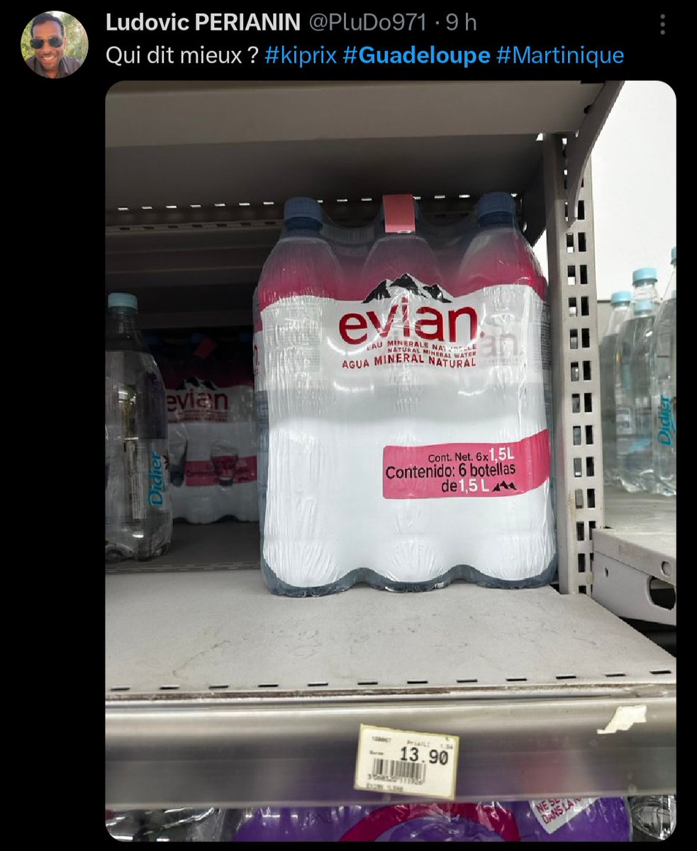 AlexKiddzz's tweet image. 13,90€ le pack de 6 Bouteilles d&apos;Eau🚰. 
C&apos;est pas cher, non? 
C&apos;est quoi #LaVieChere ? 
#martinique #Guadeloupe #teddyriner