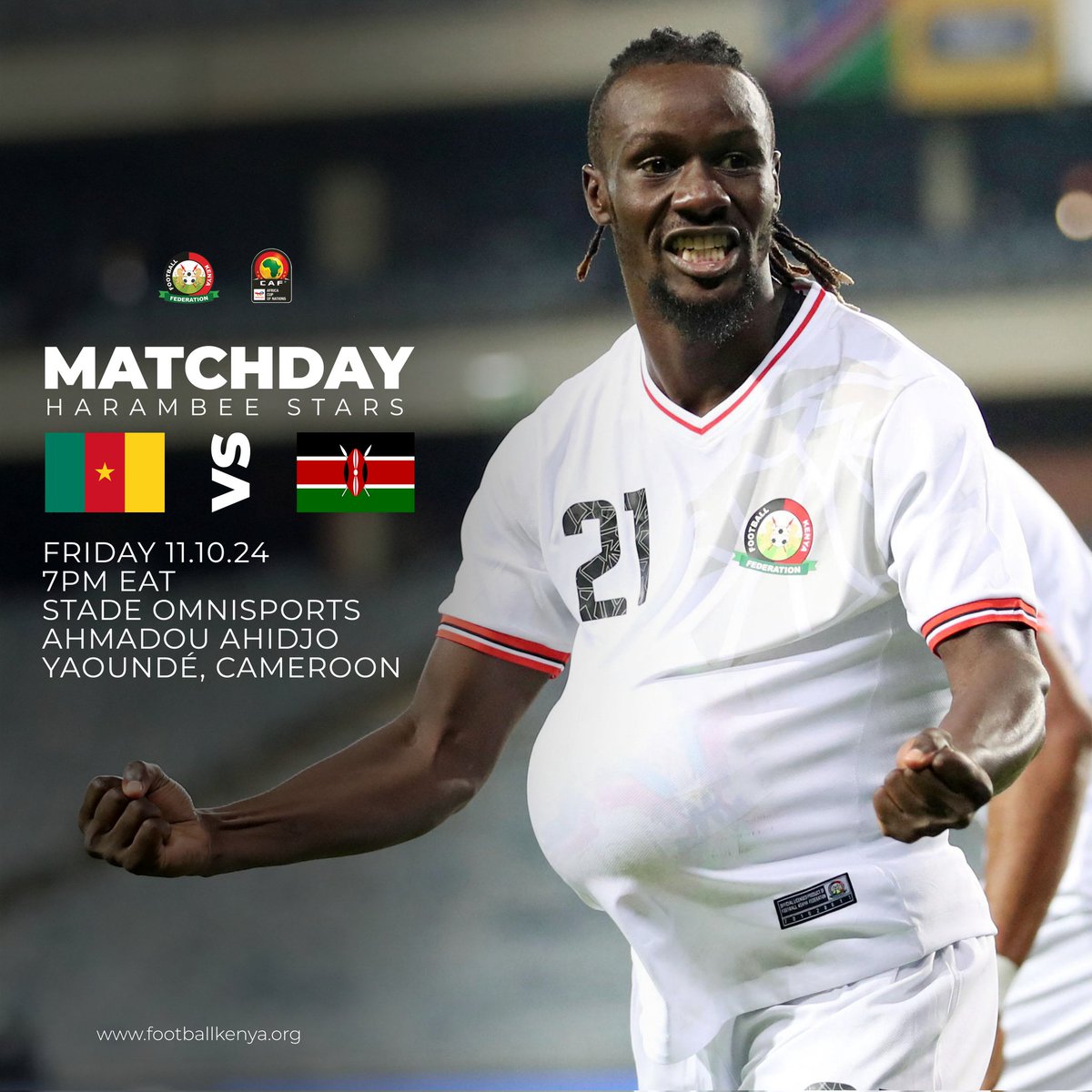 Matchday! 

🏆 2025 AFCON Qualifiers
🇨🇲 🆚 🇰🇪
⏰ 7PM EAT
📍 Stade Omnisports Ahmadou Ahidjo Stadium