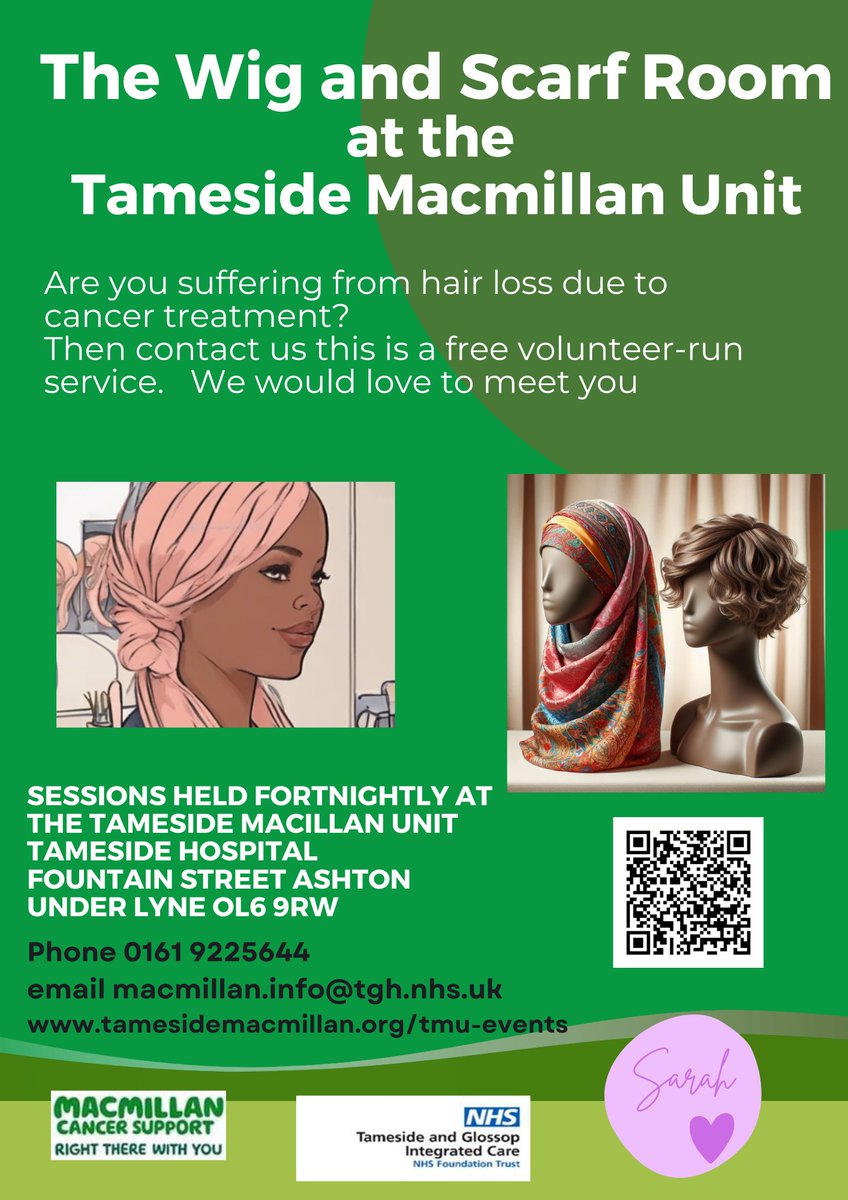 The Wig and scarfroom offers a free volunteer-run service.  

Academy CIC Fridays from 10:00 to 13:30  

Tameside Macmillan Unit Tuesdays Fortnightly- More information  bit.ly/3Y3oBH7  

07774 176 194 
Facebook search for Thewigandscarfroom
thewigandscarfroom@gmail.com