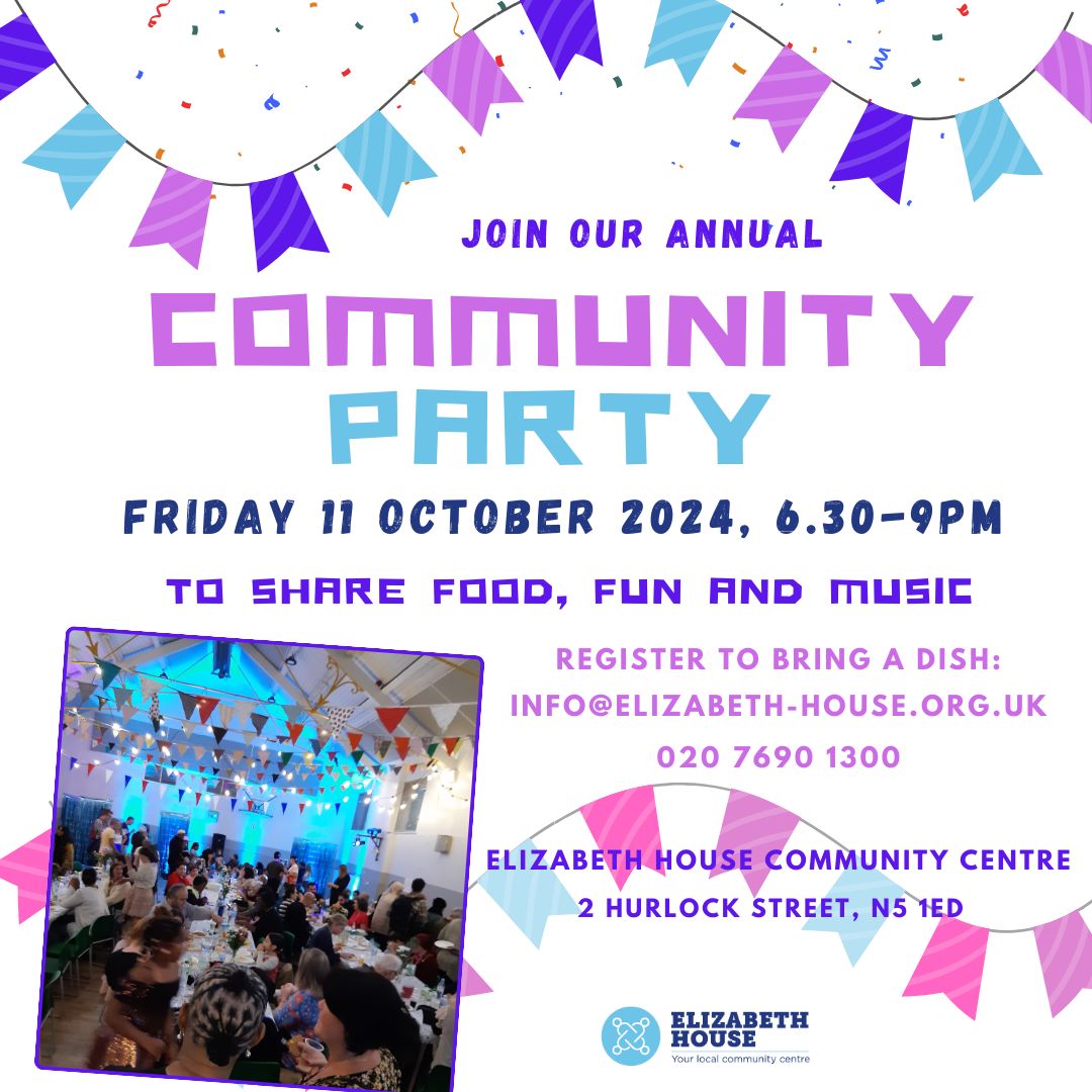 It's today!  

Join us for our annual community party at Elizabeth House 🥳

Tell your friends and neighbours and come over from 6.30 pm this evening.

Bring a dish or cake if you can 🥗 

#CommunityEvent #FoodAndMusic #AnnualGathering #FunTimes #LocalCelebration #Islington