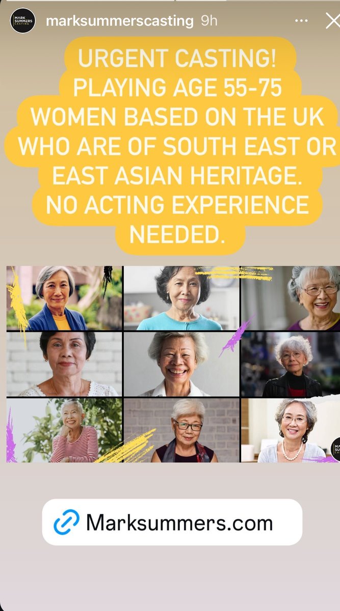 Casting Opportunity  Women of SE or East Asian HeritageWe are seeking women based in the UK,playing aged 55-75, Southeast East Asian heritage, for an exciting project.Fees for successful candidates range between €10,000 - €14,000 see link marksummers.com/casting-call/c…