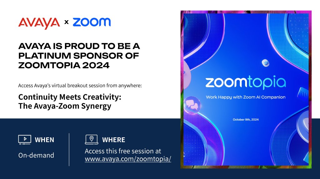 📌*Avaya + Zoom Synergy:Continuity Meets Creativity*
Collegati anche tu alla nostra sessione virtuale on-demand a Zoomtopia 2024 e scopri i vantaggi di unire la collaborazione Zoom con la piattaforma di comunicazione ibrida di <a href="/Avaya/">Avaya</a>.
👉Registrati qui ora: bit.ly/4gVrkLv