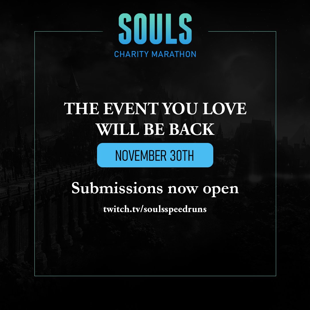 SoulsSpeedruns's tweet image. Souls Charity Marathon is back for it's 8th year 🔥

We are now accepting submissions for the marathon! We take Souls and non-Souls game submissions as always, feel free to be creative!

📅 When: Nov 30th - Dec 1st
📌 Submission Deadline: October 26th
🔗 oengus.io/marathon/scm20…