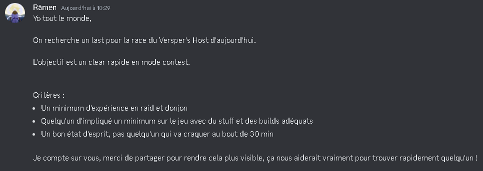 Yo tout le monde, 

On recherche un last pour la race du Versper's Host d'aujourd'hui.

🔁RT apprécié