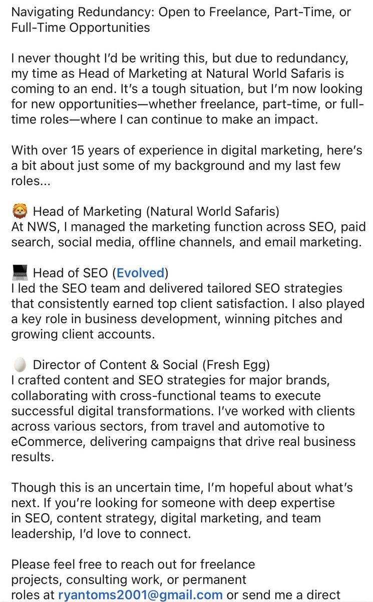 Navigating Redundancy: Open to Freelance, Part-Time, or Full-Time Opportunities.

Details below - if anyone spots an opportunist please do send them my way!