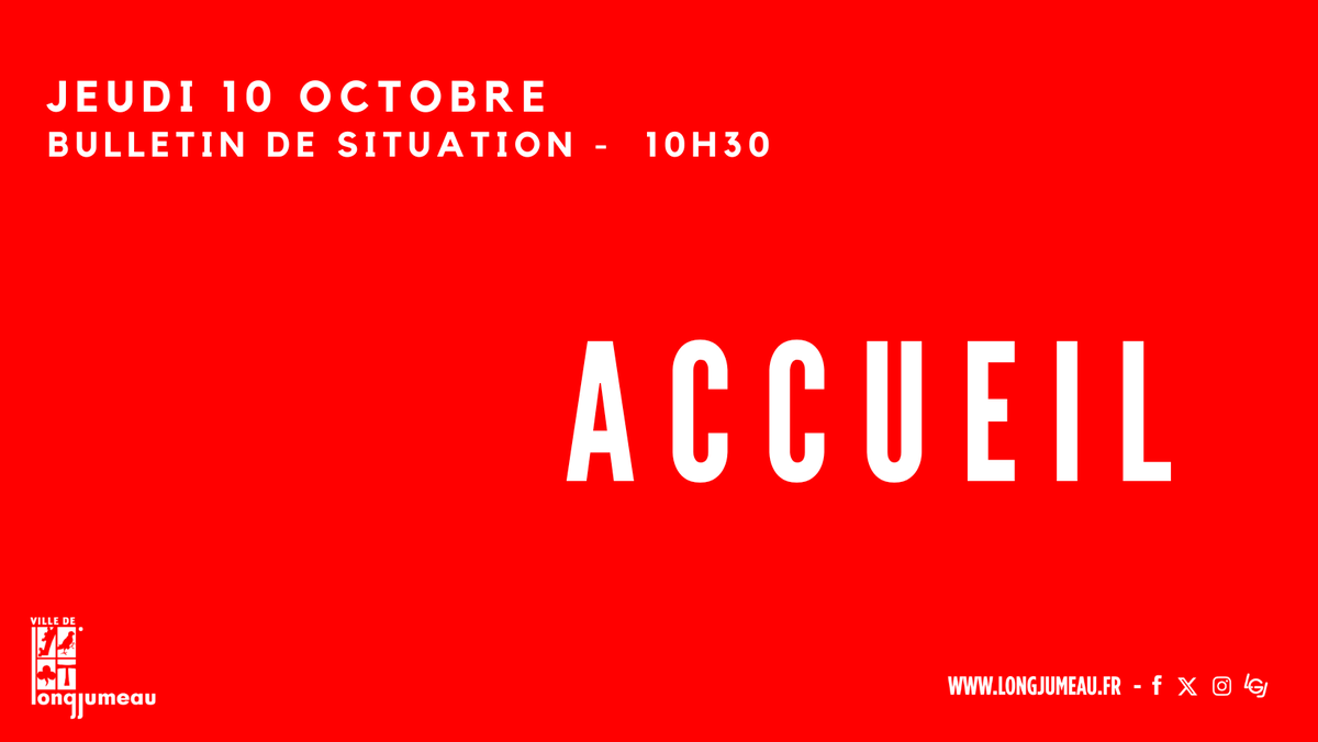 🔴 𝗜𝗻𝗳𝗼𝗿𝗺𝗮𝘁𝗶𝗼𝗻 𝗖𝗿𝘂𝗲 | 𝗜𝗻𝗳𝗼𝗿𝗺𝗮𝘁𝗶𝗼𝗻 10h30

Pour vous informer et assister, des stands d'accueil sont disponibles à partir de 12h

📍 Parvis de l'Église
📍 Intersection PFM / Le Monaco

ℹ️ Toutes les infos : lc.cx/5W3gMR

#meteo91 #longjumeau