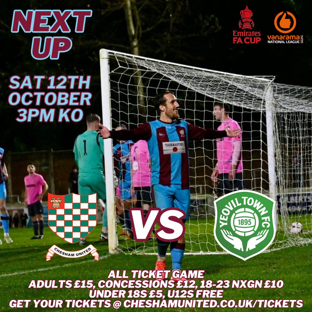🏆 MATCHDAY -1 INFO

Tomorrow sees us host <a href="/YTFC/">Yeovil Town FC</a> in the <a href="/EmiratesFACup/">Emirates FA Cup</a> 4QR with a 3pm KO

🏟️ The Meadow, HP5 1NE
🎟️ Make sure to purchase your tickets, although on the day is now available (cash/card)
🎟️ cheshamunitedfc.ktckts.com/event/csu2425h…
🎟️ All pay, season tickets are not valid