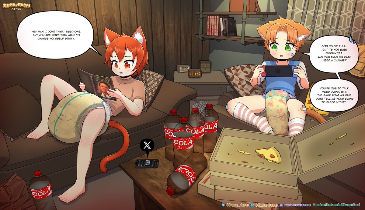 kuma_dasai's tweet photo. Little beans just chilling together with games and a good read. Though it looks like those diapers aren't gonna last them till bedtime with all that cola and pizza. Well at least one of them doesn't seem to mind.

See my works early - https://t.co/YKSVk8ogjR https://t.co/tcaEVmncJk