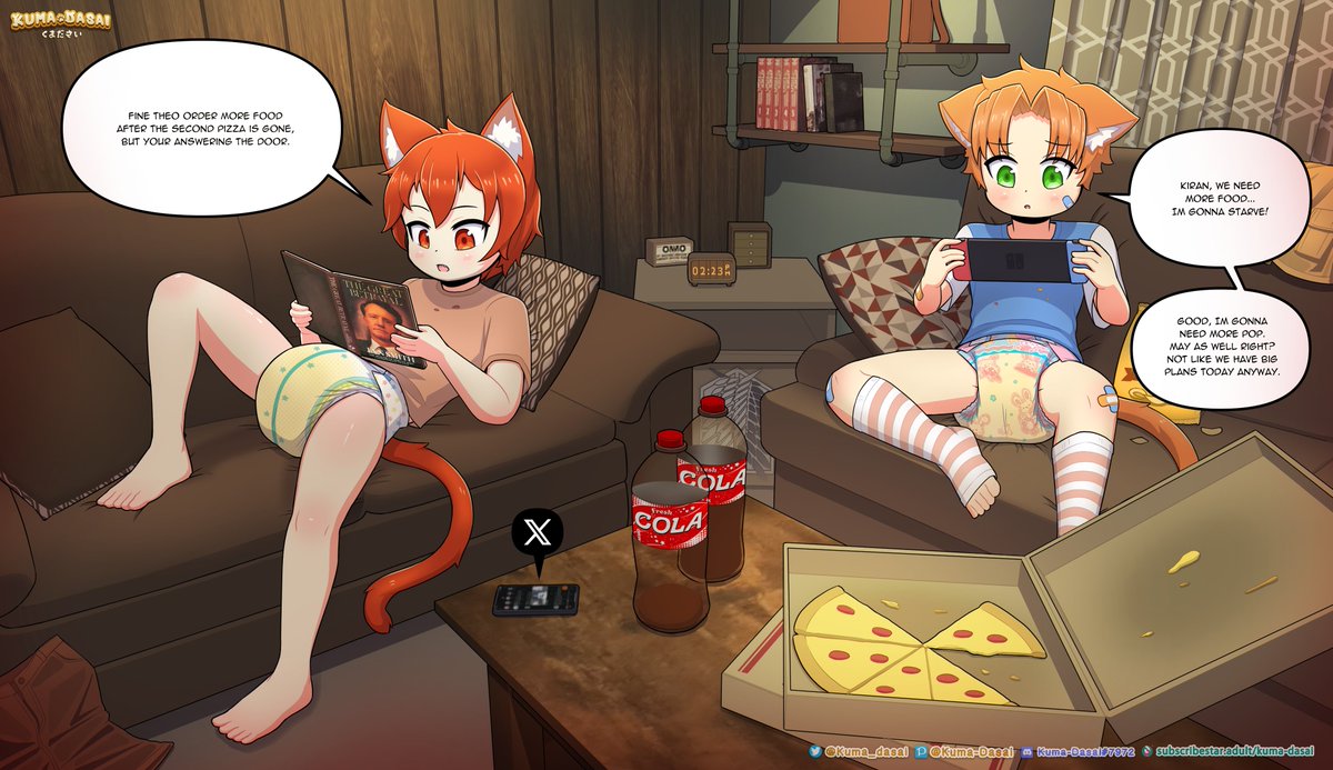 kuma_dasai's tweet photo. Little beans just chilling together with games and a good read. Though it looks like those diapers aren't gonna last them till bedtime with all that cola and pizza. Well at least one of them doesn't seem to mind.

See my works early - https://t.co/YKSVk8ogjR https://t.co/tcaEVmncJk