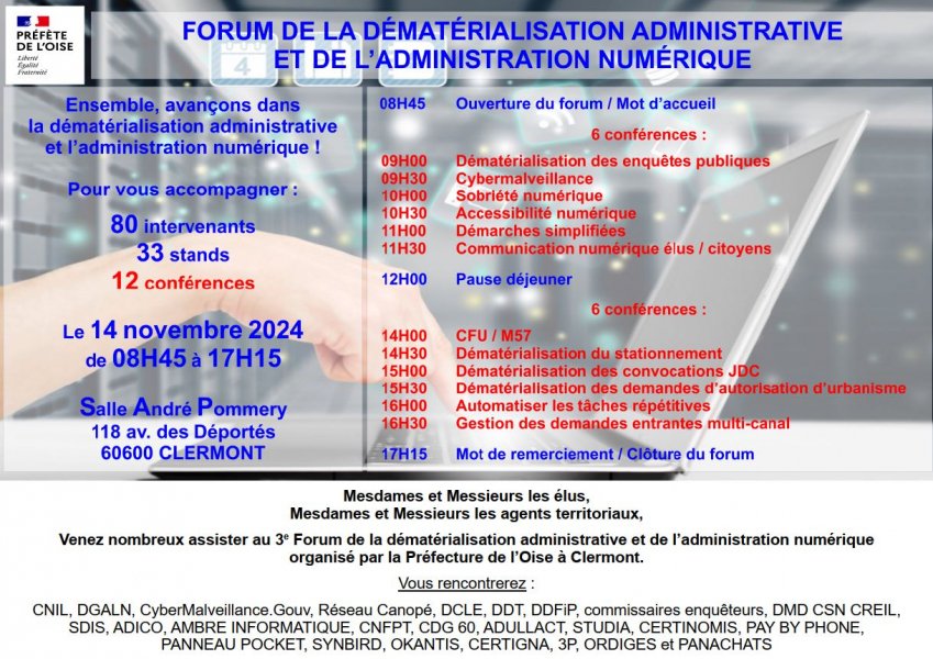 ADULLACT (@adullact) on Twitter photo #Savethedate : Forum de la dématérialisation administrative et de l'administration numérique organisé par <a href="/Prefet60/">Préfet de l'Oise</a>
📅 14 novembre 2024
📍 Clermont
▶ Informations et inscriptions : adullact.org/agenda/158-for…
#collterr #administrationnumérique #dématerialisation #Savethedate : Forum de la dématérialisation administrative et de l'administration numérique organisé par <a href="/Prefet60/">Préfet de l'Oise</a>
📅 14 novembre 2024
📍 Clermont
▶ Informations et inscriptions : adullact.org/agenda/158-for…
#collterr #administrationnumérique #dématerialisation