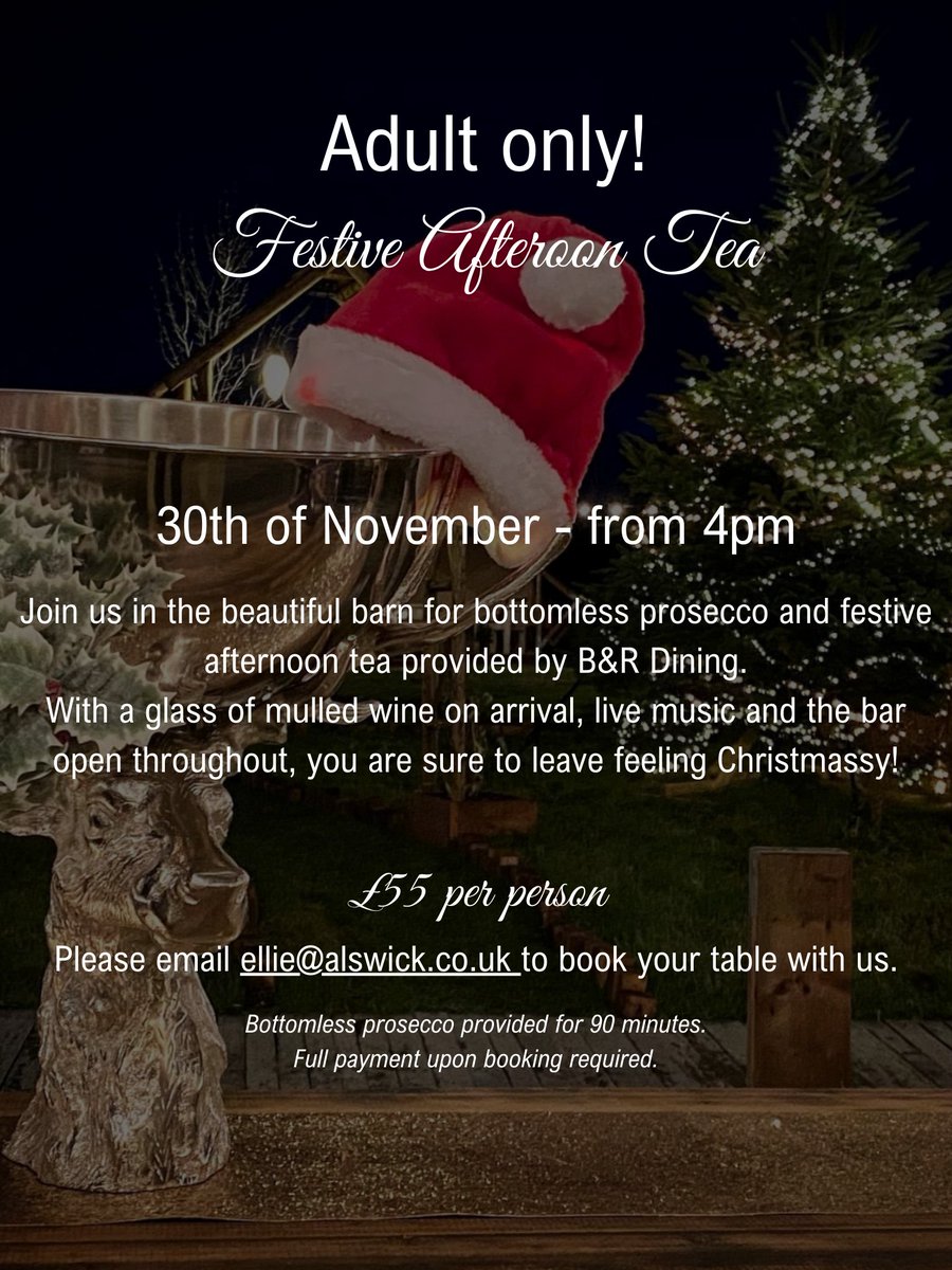Adult Only! Festive Afternoon Tea🎄
30th November - from 4pm
Please email ellie@alswick.co.uk to book your table with us❄️
#afternoontea #Christmas2024 #christmasafternoontea #hertfordshire