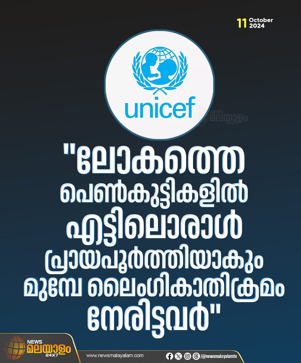 newsmalayalamtv's tweet image. "ലോകത്തെ പെണ്‍കുട്ടികളിൽ‌ എട്ടിലൊരാള്‍ പ്രായപൂര്‍ത്തിയാകും മുമ്പേ ലൈംഗികാതിക്രമം നേരിട്ടവര്‍" - യുണിസെഫ്

#worldwide  #assaulted #adulthood #UNICEF #newsmalayalamtv #newsmalayalam24x7