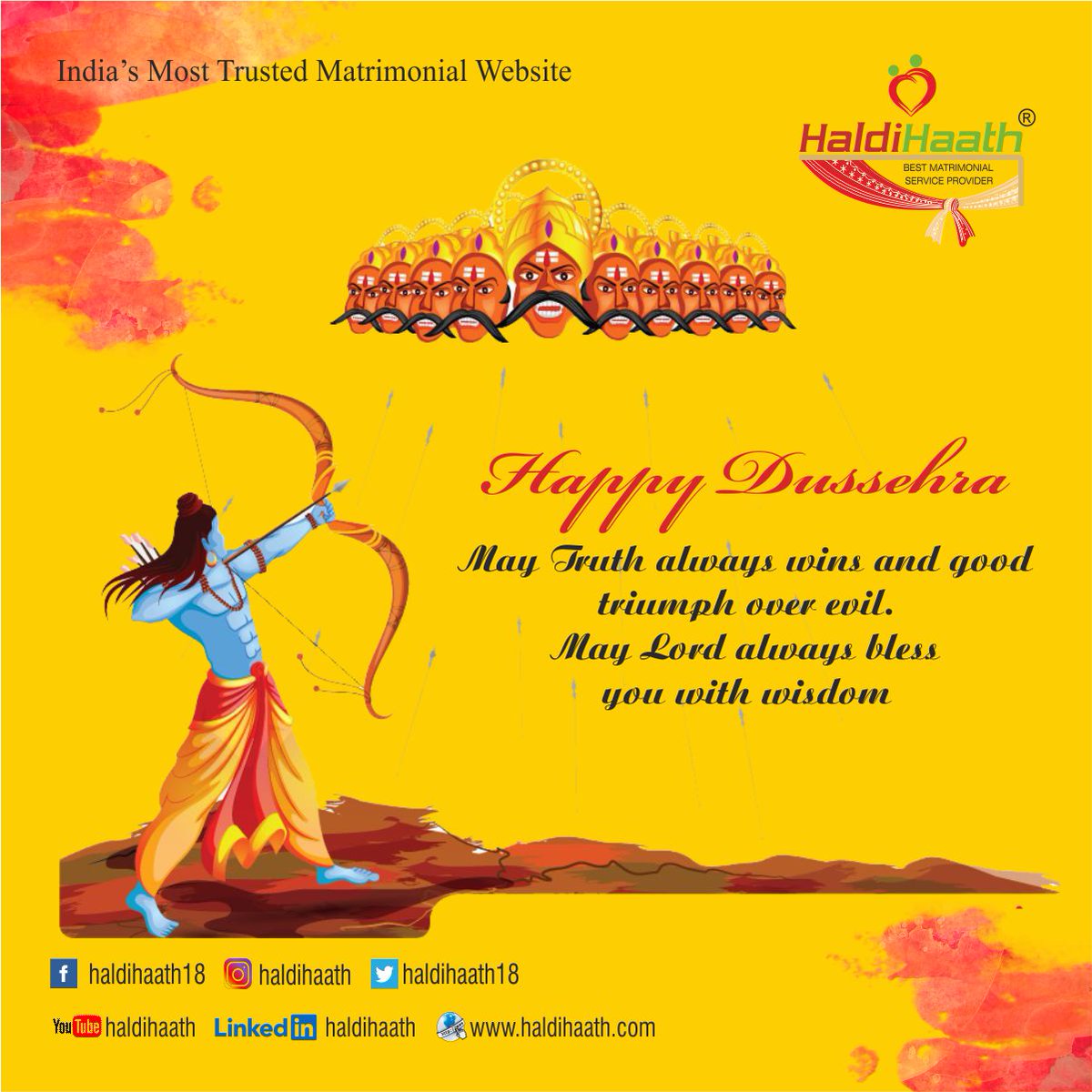 HaldiHaath18's tweet photo. May the divine blessings of Goddess Durga and Lord Rama help you achieve success in whatever you do…Happy Vijaya Dashami and Happy Dussehra!
Choose India's Best matrimonial website and get your desired partner
Looking for a Partner, Ring us on 7888492728
#dussehra #Ram #durga https://t.co/qEsjlFV3Dk