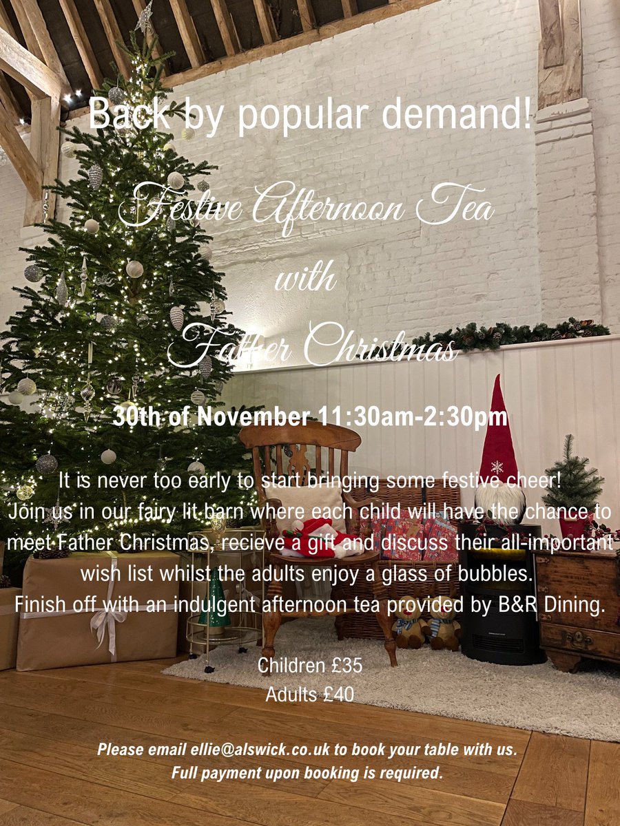 Festive Afternoon Tea with Father Christmas🎅
30th November - 11:30am-2:30pm
Please email ellie@alswick.co.uk to book your table with us❄️
#afternoontea #Christmas2024 #christmasafternoontea #hertfordshire #kidsafternoontea