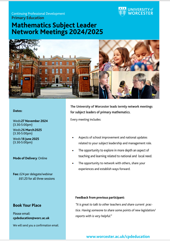 CPD Education (@cpdeducation) on Twitter photo Mathematics Subject Leader Network Meetings 2024/25 <a href="/education_uw/">University of Worcester Institute of Education</a>
Book your place here webengine-01.worc.ac.uk/schedcpd/
#CPD #PrimaryEducation Mathematics Subject Leader Network Meetings 2024/25 <a href="/education_uw/">University of Worcester Institute of Education</a>
Book your place here webengine-01.worc.ac.uk/schedcpd/
#CPD #PrimaryEducation