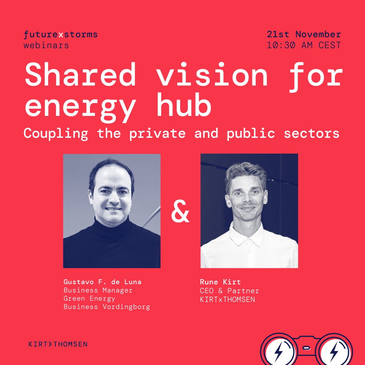FUTURE STORMS x SHARED VISION FOR ENERGY HUB 🔊
Free webinar on Thursday 21st November at 10.30 AM CEST with expert guest speaker Gustavo Ferraz de Luna, Business manager - Green Energy at Business Vordingborg. 

Register for webinar at linkedin.com/events/sharedv…