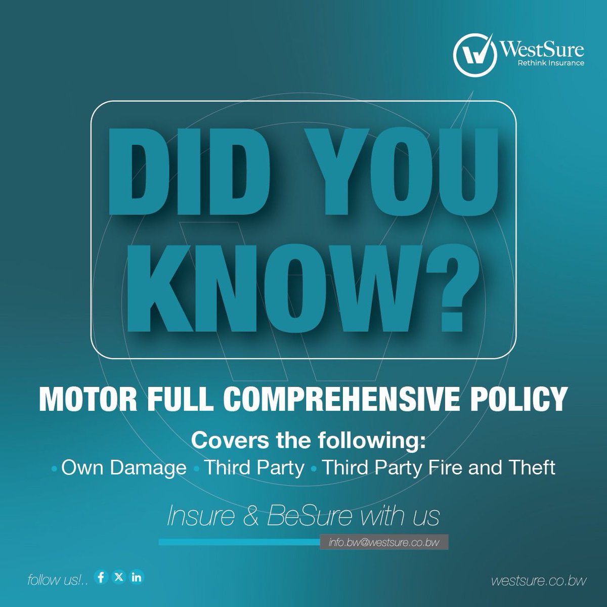 WestsureBW's tweet photo. Review your policy today and get one that covers you &amp; the person you've inconvenienced.
For more info, call us on +267 3710619 or send an email to info.bw@westsure.co.bw and for quote requests, send an email to quotes@westsure.co.bw
#BeSure #BeWestSure #InsureToBeSure https://t.co/HeeFCseQXf