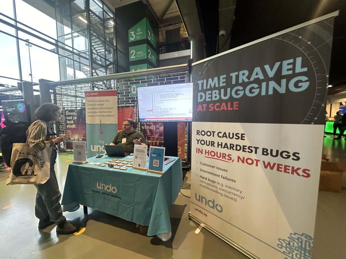 undo_io's tweet image. Ready to go here at @cppunderthesea 🌊 

Come by and say hello to Chirag and Chris, and find out how Undo help engineers: 

✅ Resolve customer issues
✅ Fix flaky tests
✅ Reduce time spent debugging

#cppunderthesea #cpp #cplusplus #debugging