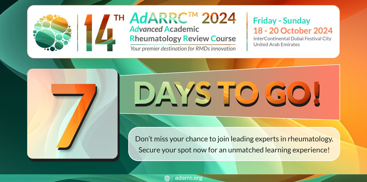 Only 7 days left until the most awaited review course of the year #AdARRC2024! Don’t miss out on this incredible opportunity to connect, learn, and innovate in #rheumatology. Catch the latest advancements and expert insights. Sign up today!  bit.ly/3Xoeiif