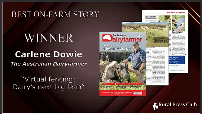 Congratulations to winner of the #RPCVAwards 2024 Best On-Farm Story: Carlene Dowie of The Australian Dairyfarmer for ‘Virtual fencing: Dairy's next big leap’. Award sponsor: Rural Bank
