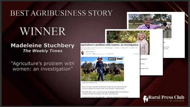 Congrats to winner of the #RPCVAwards 2024 Best Agribusiness Story: Madeleine Stuchbery of The Weekly Times for Agriculture's problem with women: an investigation. Award sponsor: Nutrien Ag Solutions. weeklytimesnow.com.au/news/investiga…