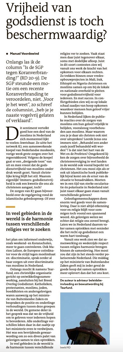 Ik sta in het <a href="/refdag/">RD.nl</a> met een pleidooi voor meer samenwerking tussen verschillende religies omtrent de vrijheid van godsdienst. Te vaak komen religieuzen helaas vooral op voor de eigen groep. Dat kan anders:  rd.nl/artikel/108058…
