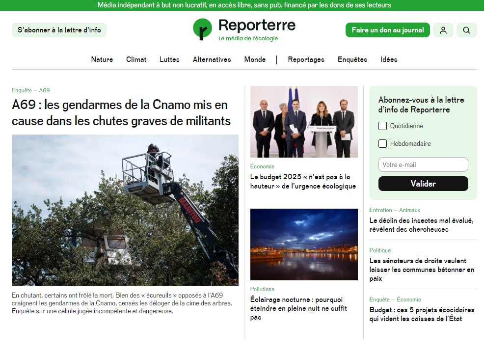 À lire aujourd'hui sur Reporterre.net : 

🛣️A69 : les gendarmes de la Cnamo mis en cause dans les chutes graves de militants <a href="/ManuClevenot/">Emmanuel Clévenot</a> @JusCrt 

💰Le budget 2025 « n’est pas à la hauteur » de l’urgence écologique <a href="/emanach/">Erwan Manac'h</a> 

💡Éclairage nocturne : pourquoi éteindre en