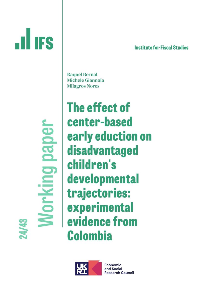 NEW #IFSWorkingPaper: The effect of center-based early education on disadvantaged children’s developmental trajectories: experimental evidence from Colombia

Read the study from <a href="/RaquelBernal3/">Raquel Bernal</a>, <a href="/GiannolaMichele/">Michele Giannola</a> and @mnores_ecd: 
ifs.org.uk/publications/e…