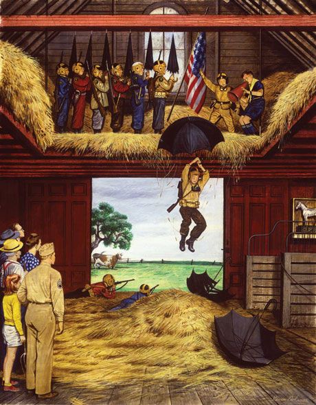 Stevan Dohanos — 'Kids Practicing Parachuting In Hay Loft'
