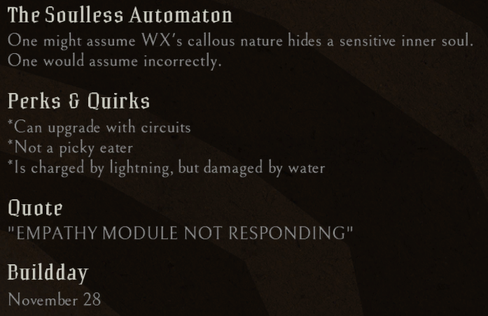 dailystarvers's tweet image. Today, November 28th, is WX-78&apos;s canon buildday! Happy Buildday to &quot;The Soulless Automaton.&quot;