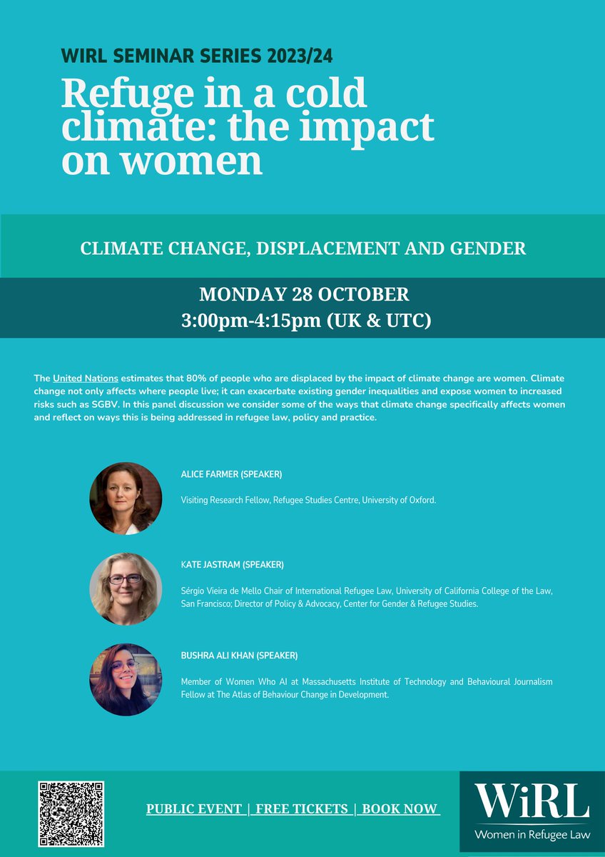 WiRL (@wirl_network) on Twitter photo 📢 Upcoming: 3rd <a href="/WiRL_Network/">WiRL</a> Public Seminar on '#ClimateChange, #Displacement and #Gender' 
🎙️With panellists: <a href="/ahsfarmer/">Alice Farmer</a>, Kate Jastram & Bushra Ali Khan 
📅 28 October, 3-4:15 pm (UK&UTC)
🌐 Registration open: bit.ly/4dQBOJy
#womeninrefugeelaw #genderandrefugeelaw 📢 Upcoming: 3rd <a href="/WiRL_Network/">WiRL</a> Public Seminar on '#ClimateChange, #Displacement and #Gender' 
🎙️With panellists: <a href="/ahsfarmer/">Alice Farmer</a>, Kate Jastram & Bushra Ali Khan 
📅 28 October, 3-4:15 pm (UK&UTC)
🌐 Registration open: bit.ly/4dQBOJy
#womeninrefugeelaw #genderandrefugeelaw