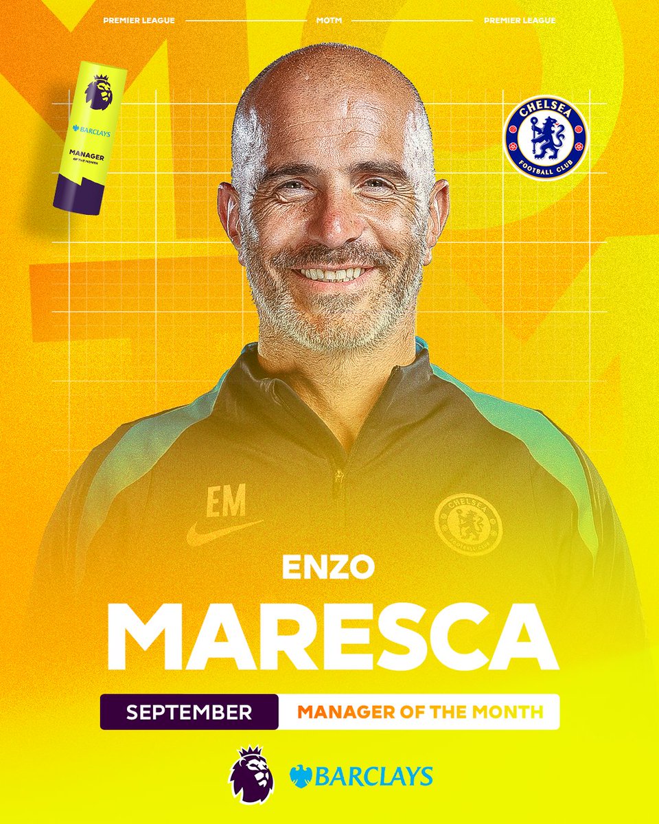 Premier League (@premierleague) on Twitter photo In just his second month in the Premier League, Enzo Maresca has won September's <a href="/BarclaysFooty/">Barclays Football</a> Manager of the Month award! 🔵
#PLAwards | <a href="/ChelseaFC/">Chelsea FC</a> In just his second month in the Premier League, Enzo Maresca has won September's <a href="/BarclaysFooty/">Barclays Football</a> Manager of the Month award! 🔵
#PLAwards | <a href="/ChelseaFC/">Chelsea FC</a>