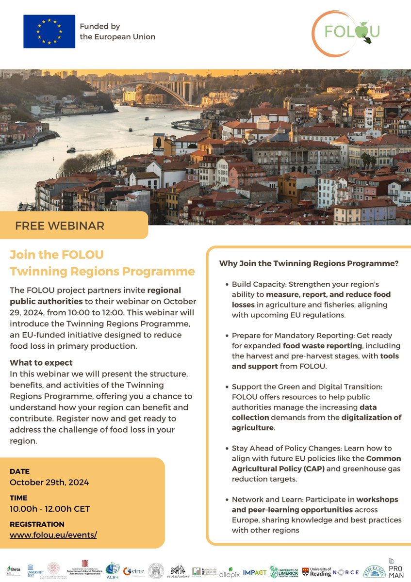 🌱Calling regional public authorities!🌾🐟

Join the FOLOU Twinning Regions Programme #webinar to reduce #foodloss in agriculture &amp; fisheries. Gain tools for reporting &amp; the green transition!

🗓️ October 29
⏰ 10:00 - 12:00 CET

👉 Register here: folou.eu/events/webinar…