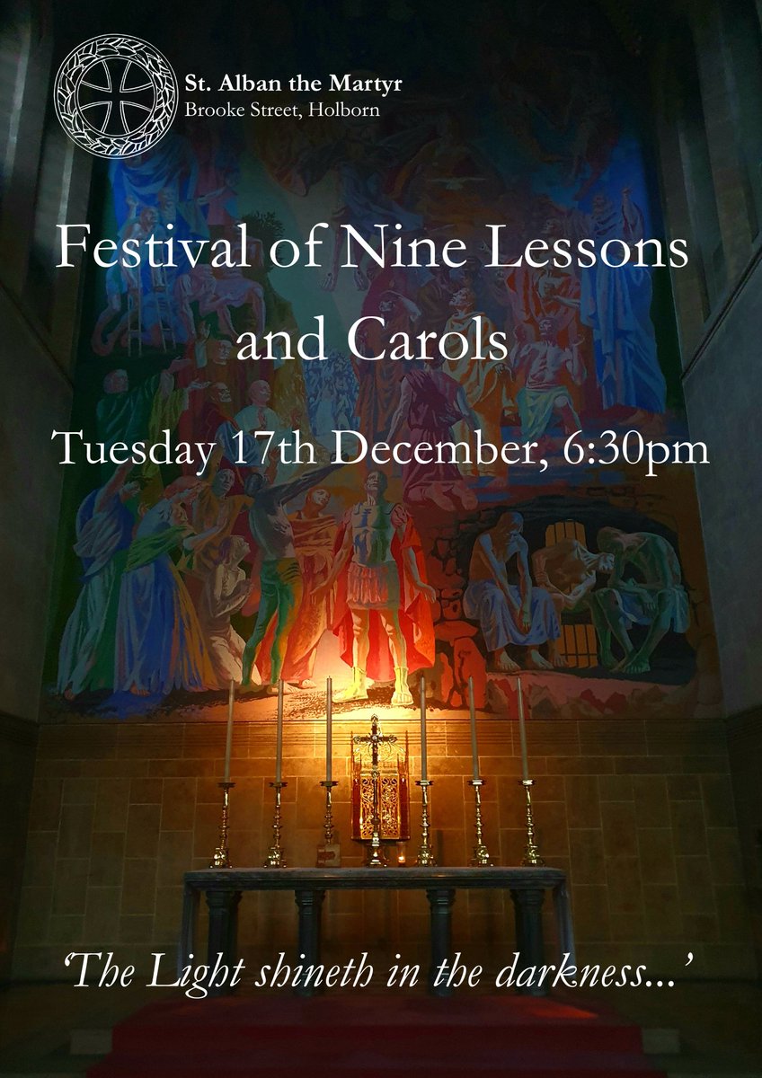 Our festival of Nine Lessons and Carols this year will be on Tuesday 17th December, at 6:30pm, followed by mince pies and mulled wine. All very welcome.